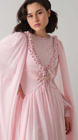 Powder Pink Cape Dress with Floral Appliqué