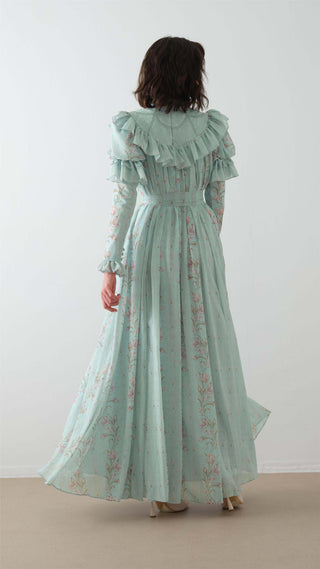 Floral Ruffled Puff-Sleeve Maxi Dress – Blue