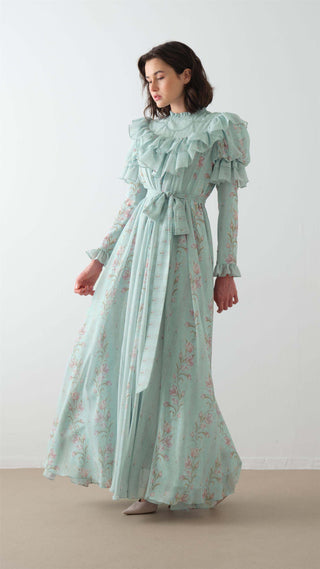 Floral Ruffled Puff-Sleeve Maxi Dress – Blue
