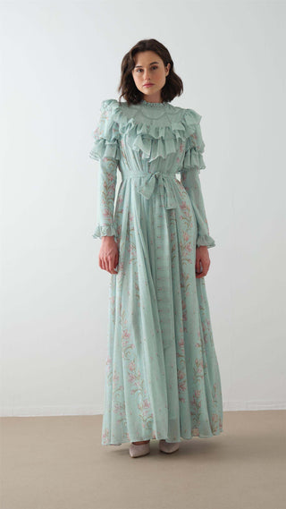 Floral Ruffled Puff-Sleeve Maxi Dress – Blue