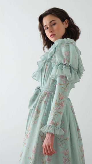 Floral Ruffled Puff-Sleeve Maxi Dress – Blue