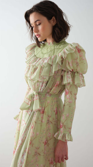 Floral Ruffled Puff-Sleeve Maxi Dress – Light Green
