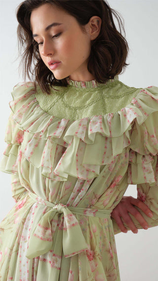 Floral Ruffled Puff-Sleeve Maxi Dress – Light Green