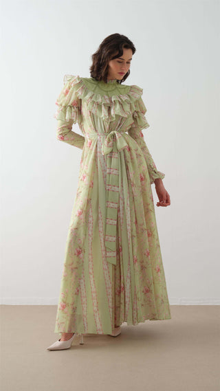 Floral Ruffled Puff-Sleeve Maxi Dress – Light Green