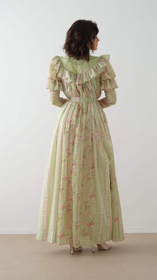 Floral Ruffled Puff-Sleeve Maxi Dress – Light Green