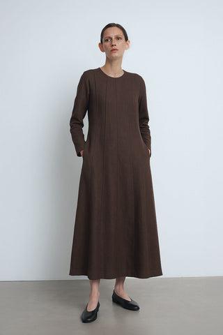 Tailored Long Brown Dress with Pocket & Button Detail