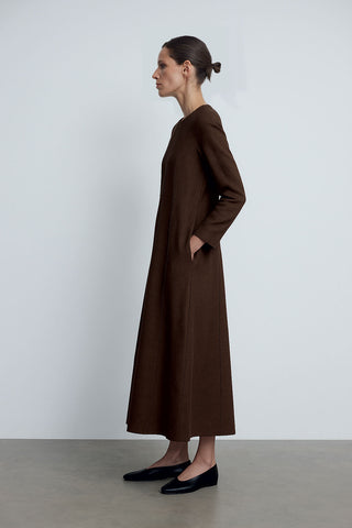 Tailored Long Brown Dress with Pocket & Button Detail