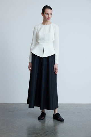 White Crepe Blouse with Front Slit and Peplum Detail