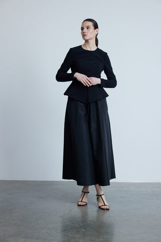 Black Crepe Blouse with Front Slit and Peplum Detail