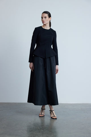 Black Crepe Blouse with Front Slit and Peplum Detail