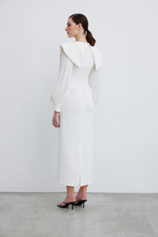Elegant Pleated Sleeve Crepe Evening Dress – White
