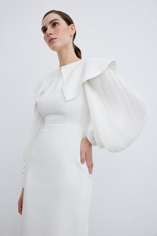 Elegant Pleated Sleeve Crepe Evening Dress – White