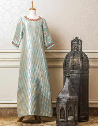 Green Jacquard Silk Kaftan with Embroidery