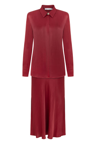 Satin Shirt & Skirt Set – Bordeaux Red
