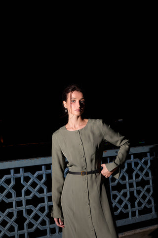 Tencel Button-Front Long Dress – Khaki