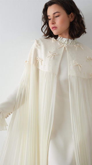Pleated Beige Cape Dress with Beaded Embellishment