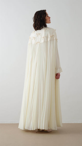 Pleated Beige Cape Dress with Beaded Embellishment