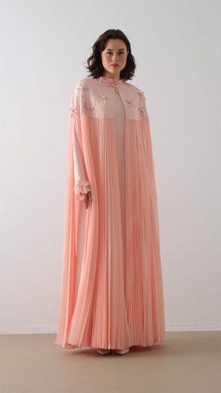 Pleated Blush Cape Dress with Beaded Embellishment
