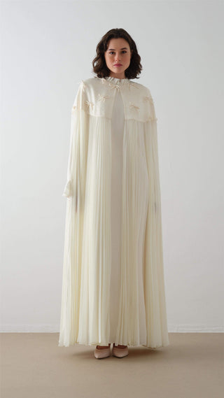 Pleated Beige Cape Dress with Beaded Embellishment