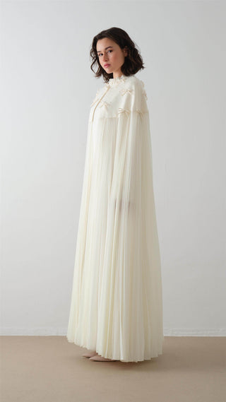 Pleated Beige Cape Dress with Beaded Embellishment