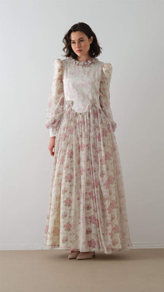 Satin and Chiffon Maxi Dress - Ecru