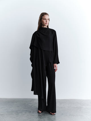 Co-Ord Set Blouse and Pants with Shawl - Black