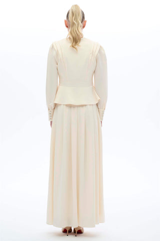 Vintage-Inspired Pleated Skirt and Button Detail Blouse Set – Ecru