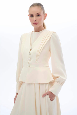 Vintage-Inspired Pleated Skirt and Button Detail Blouse Set – Ecru