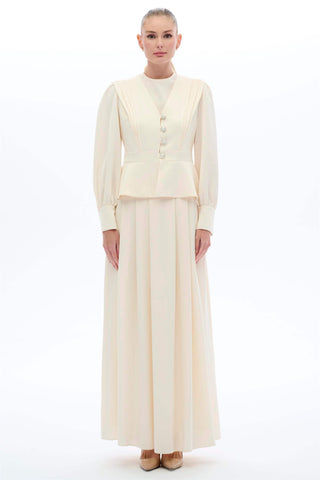 Vintage-Inspired Pleated Skirt and Button Detail Blouse Set – Ecru
