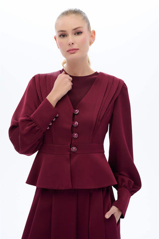 Vintage-Inspired Pleated Skirt and Button Detail Blouse Set – Burgundy