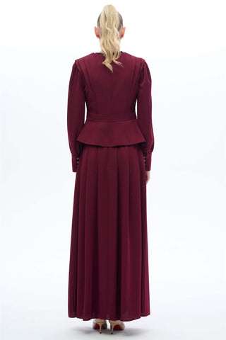 Vintage-Inspired Pleated Skirt and Button Detail Blouse Set – Burgundy