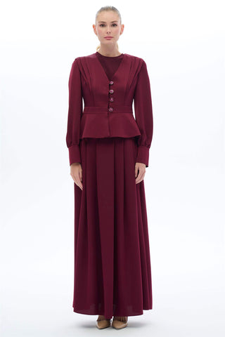 Vintage-Inspired Pleated Skirt and Button Detail Blouse Set – Burgundy