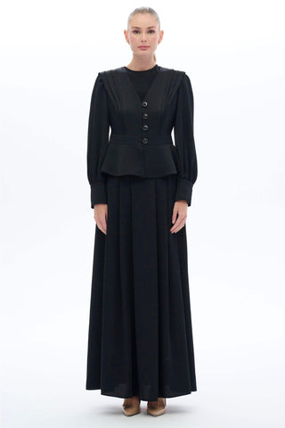 Vintage-Inspired Pleated Skirt & Blouse Set – Black