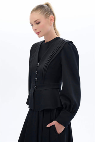 Vintage-Inspired Pleated Skirt & Blouse Set – Black