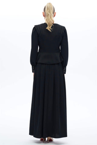 Vintage-Inspired Pleated Skirt & Blouse Set – Black