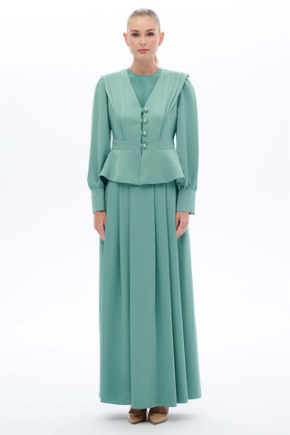 Vintage-Inspired Pleated Skirt & Blouse Set – Mint Green