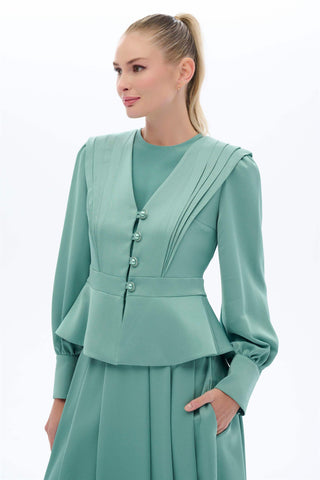 Vintage-Inspired Pleated Skirt & Blouse Set – Mint Green