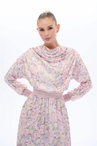 Draped Neck Floral Dress – Pink