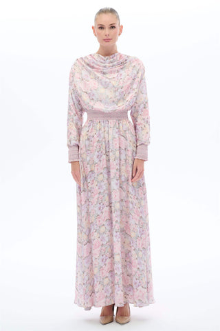 Draped Neck Floral Dress – Pink
