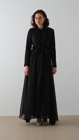 Scarf-Collar Jacket and Dress Set - Black