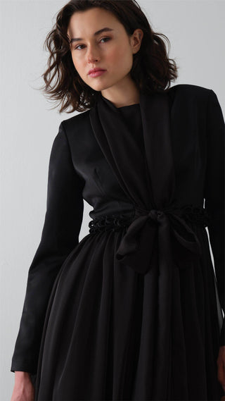 Scarf-Collar Jacket and Dress Set - Black