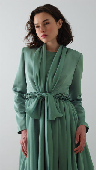 Scarf-Collar Jacket and Dress Set - Green