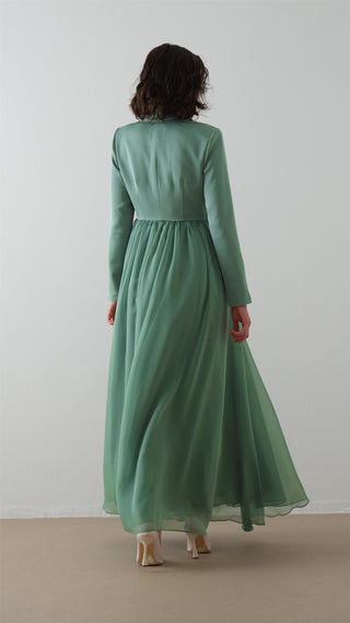 Scarf-Collar Jacket and Dress Set - Green