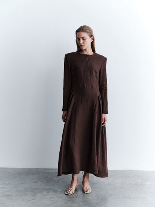 Linen Maxi Dress with Side Gathering - Brown