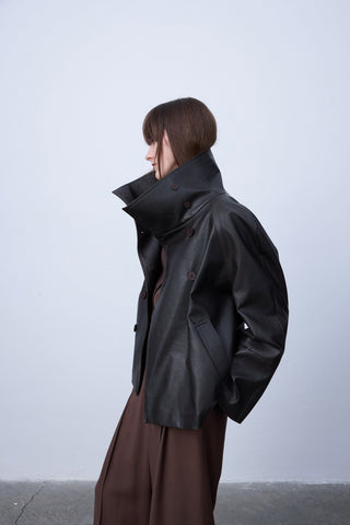 High-Collar Faux Leather Jacket – Black