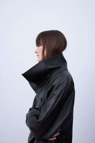 High-Collar Faux Leather Jacket – Black