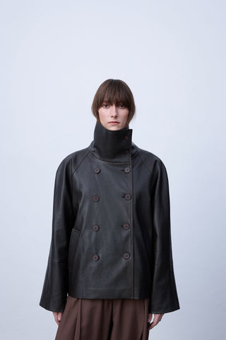 High-Collar Faux Leather Jacket – Black