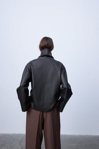 High-Collar Faux Leather Jacket – Black