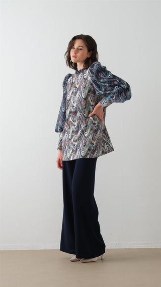 Zigzag Patterned Jacquard Suit in Navy Blue