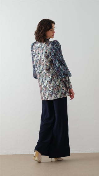 Zigzag Patterned Jacquard Suit in Navy Blue
